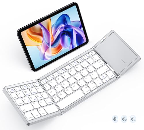 MEETION Foldable Keyboard with Touchpad, Bluetooth Wireless Portable Keyboard, Rechargeable Ultra Slim Pocket Folding Keyboards, Full Size Keys, Travel for iOS Android Windows Laptop PC Tablet White - color: White