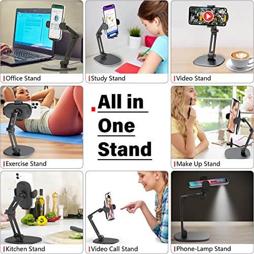 APPS2Car Phone Stand for Desk, Adjustable Cell Phone Holder for Office | Triple-Clamp Phone Holder, Height-Adjustable Folding Arm, 360° Rotation, Anti-Slip Base, Fits Cases up to 20mm