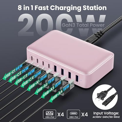 USB C Charger 200W USB C Charger Block,Upgraded GaN III 8-Port Fast Charging Station Hub,PD 65W Laptop Charging Adapter Compatible with MacBook Pro/Air,DELL,Steam Deck,iPhone 16/15/14,Galaxy S23/22 - color: Pink, size: 200W