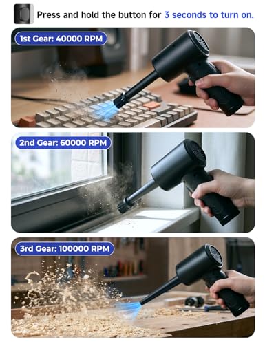 Compressed Air Duster,100000RPM Electric Air Duster for Computer Keyboard | 6000mAh Rechargeable Cordless Air Blower with LED Light, Fast Charge Portable Air Can for PC Cleaning