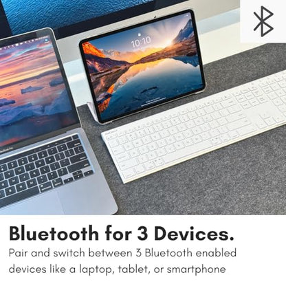 Macally Wireless Bluetooth Keyboard for Mac - Compatible Apple Keyboard or MacBook Pro/Air, iMac - Multi-Device, Up to 3 Devices with 110 Keys, 20 Shortcuts, Numeric Keypad, and Rechargeable - White - color: White