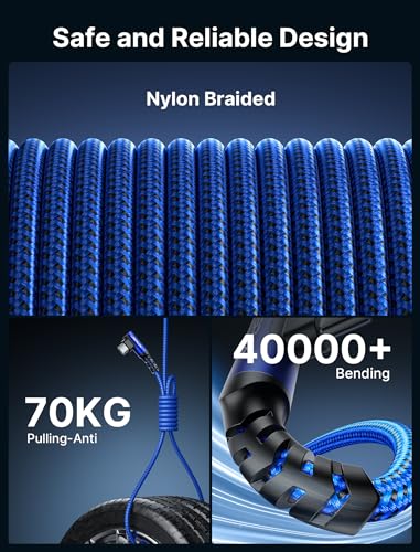 JSAUX 3-in-1 USB-C Cable 2-Pack 10FT, 100W Right-Angle Fast Charging, Blue | Right-Angle Braided Cables with USB-A Adapter, 2 x 10 ft, for iPhone 17/16/15, Galaxy S26/S25/S24, iPad, MacBook, Steam Deck - color: Blue, size: 10FT