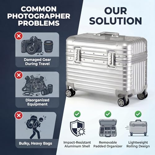 Full Aluminum Rolling Camera Bag 18" Camera Case | Wheeled Photography Gear Case, Carry-on Luggage, Dual TSA locks, Detachable Wheels & Dividers, Fits 17" laptop, DSLRs & Lens