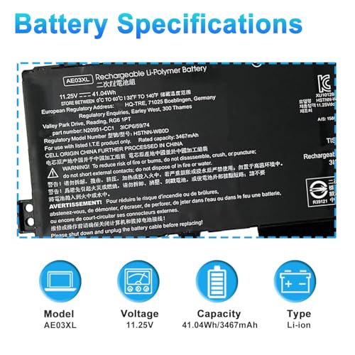 41.04Wh AE03XL N21969-005 Laptop Battery for HP 240 250 G10 14-EP 15 A11U A11UD GF66 11UD GF76 11UE Pulse 240 G10 84K99PA 834B4PA 834B2PA 85A19EA 836J6PA 84L00PA Series N2095-AC1 N20951-CC1 HSTNN-WB0D - size: 7.87*3.74*0.27inch AE03XL