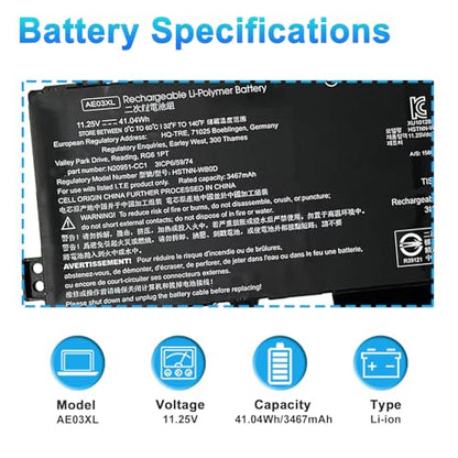 41.04Wh AE03XL N21969-005 Laptop Battery for HP 240 250 G10 14-EP 15 A11U A11UD GF66 11UD GF76 11UE Pulse 240 G10 84K99PA 834B4PA 834B2PA 85A19EA 836J6PA 84L00PA Series N2095-AC1 N20951-CC1 HSTNN-WB0D - size: 7.87*3.74*0.27inch AE03XL