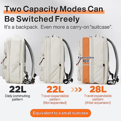 mixi Large Capacity Expandable Travel Backpack for Women & Men 15.6'' Laptop Carry On Weekender Bag Outdoor Hiking with Multifunction Pockets 180° Open Water Resistant 18 Inch 28L, Moonlight White - color: Expandable Moonlight White