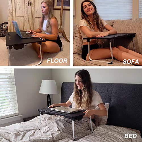 Laptop Desk for Bed,Fazoc Sturdy Foldable Bed Tray PVC Leather Table with Aluminum Legs,Storage Drawer & Card Slot for Eating,Reading Book, Watching on Bed,Couch & Floor-XXL Large Black