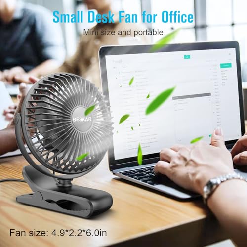 BESKAR Small Clip on Fan, 3 Speeds USB Fans with Strong Airflow, Clip & Desk Fans USB Plug in with Sturdy Clamp - Ultra Quiet operation for Office Dorm Bedroom Stroller - color: Dark Black