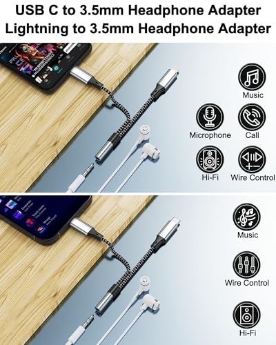 USB C and Lightning Male to Female 3.5mm Headphone Adapter - 3.5mm Headphone Jack Audio Adapter for iPhone 17/16/15/14/13/Pro/Pro Max, Android Phone, iPad, Laptop