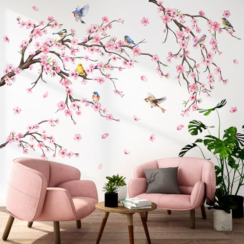 Vinyl Pink Cherry Blossom Trees Wall Decals Birds Peel and Stick Wall Stickers for Bedroom Living Room Bathroom - color: Pink Sakura