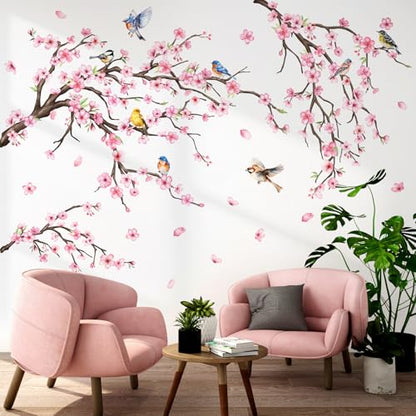 Vinyl Pink Cherry Blossom Trees Wall Decals Birds Peel and Stick Wall Stickers for Bedroom Living Room Bathroom - color: Pink Sakura