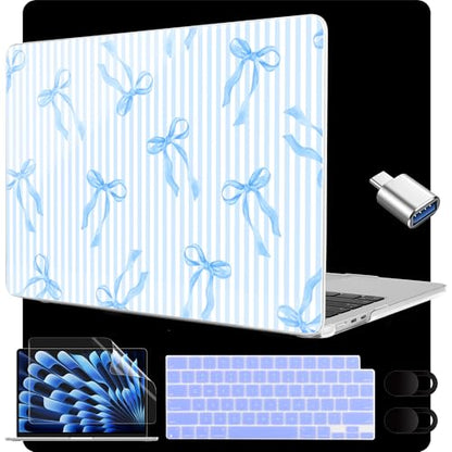 MEEgoodo for M5/M4/M3/M2 MacBook Air 15 inch Case 2026 2025 2024 2023, Case Fit Model (A3448/A3241/A3114/A2941) for MacBook Air 15.3 inch, Blue Stripes&Bows - color: Blue Stripes&Bows