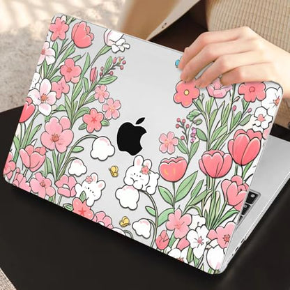 Compatible with MacBook Neo 13 inch Case 2026 Release A3404 Cover, Ultra-Thin Pattern Plastic Hard Shell Case Keyboard Cover Screen Protector Dust Plug, Flowers & Cute Rabbits - color: Flowers & Cute Rabbits