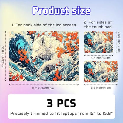 Universal Laptop Skin Sticker Decal, Compatible with MacBook HP Dell Lenovo 12"-15.6", Reusable Vinyl Notebook Cover 3PCS Set, High-Recognition Film-White Wolf in the Waves - color: White wolf in the waves