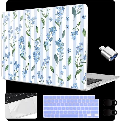 MEEgoodo Case for M5/M4/M3/M2 MacBook Air 15 inch Case 2026 2025 2024 2023, Laptop Shell Fit Model (A3448/A3241/A3114/A2941) for MacBook Air 15.3-inch, Blue Watercolor Flowers&Stripes - color: Blue Watercolor Flowers&Stripes