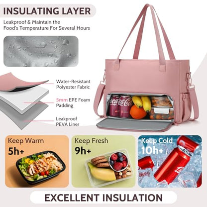 Lunch Tote Bag for Women with 15.6" Laptop Compartment, Work Tote Bag with Insulated Lunch Compartment, Large Casual Canvas Handbag Luncg Bags for Nurse, Teacher, Office, Travel, Beach, Pink - color: Pink