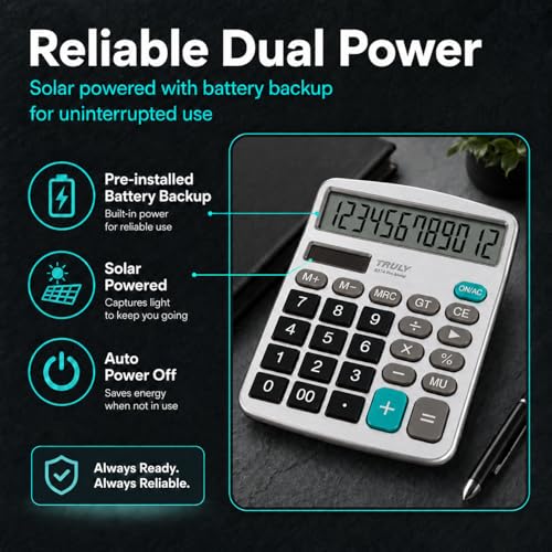 TRULY 12 Digits Desktop Calculator with Large LCD Display and Sensitive Button, Dual Solar Power and Battery, Standard Function for Office, Home, School, Metal Body, 837A Pro Silver - color: Silver