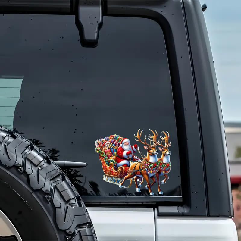 Christmas Santa Claus Reindeer Gift PVC Vinyl Car Decals Stickers Waterproof Self-Adhesive Decals for Cars, Laptops, Trucks, Motorcycles Wall Window Luggage Scratch Cover Door Decor Sticker