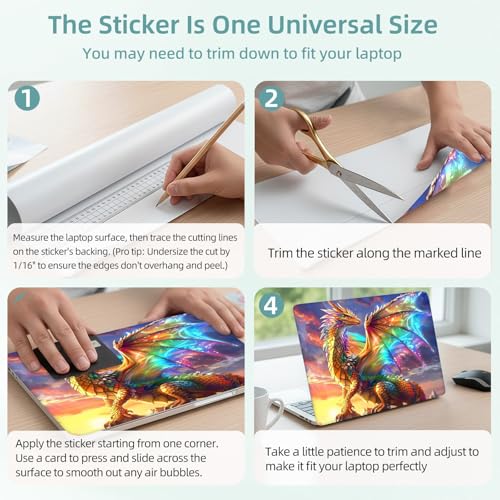 Universal Laptop Skin Decal, 3-Piece Vinyl Protector for 12 13 14 15.6" Notebook, Waterproof Anti-Scratch, Easy Trim & Bubble-Free Finish, Rainbow Dragon - color: Rainbow Dragon