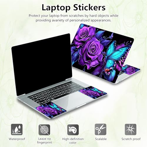 Laptop Skin Sticker Decal, Universal Reusable Vinyl Laptop Cover for 12" 13" 13.3" 14" 15" 15.4" 15.6" Notebook PC, Reusable Waterproof Scratch-Resistant with 2 Wrist Pads,Purple Flower Butterfly - color: Purple Flower Butterfly