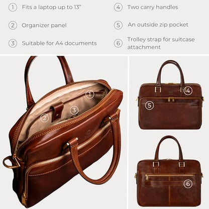 Time Resistance Leather Briefcase - Italian Handmade Leather Laptop Bag - Briefcase for Men and Women - Computer Bag - color: Brown