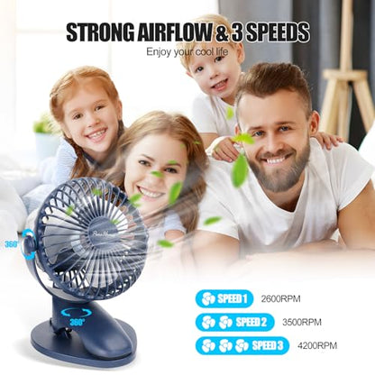Portable Clip Fan Battery Operated,3 Speeds USB Rechargeable Mini Table Fan with Strong Airflow,360°Rotation Ultra Quiet Personal Desk Fan for Home Office Bedroom Dorm Stroller Camping - DeepBlue - color: DeepBlue