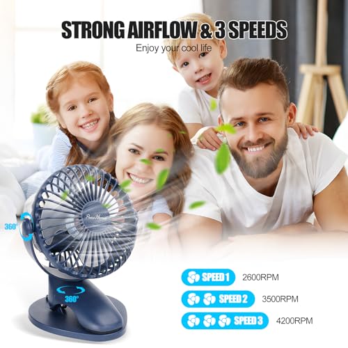 Portable Clip Fan Battery Operated,3 Speeds USB Rechargeable Mini Table Fan with Strong Airflow,360°Rotation Ultra Quiet Personal Desk Fan for Home Office Bedroom Dorm Stroller Camping - DeepBlue - color: DeepBlue