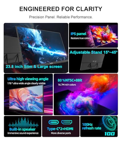 LB M24 23.8 Inch Portable Monitor 100Hz 1080P FHD IPS Computer Display with USB-C, HDMI, VESA Mountable, Built-in Stand Desktop Screen with Speaker for PC Laptop Mac PC - size: M24 (23.8")