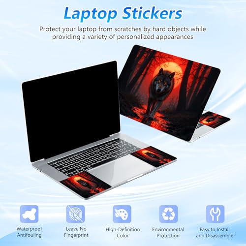 Universal Laptop Skin Sticker Decal with 2 Wrist Pad Skins, Waterproof Scratch Vinyl Cover for 11–15.6 Inch MacBook, HP, Dell, Lenovo, Cutable & Reusable,Lone Wolf Blood Moon - color: Lone Wolf Blood Moon