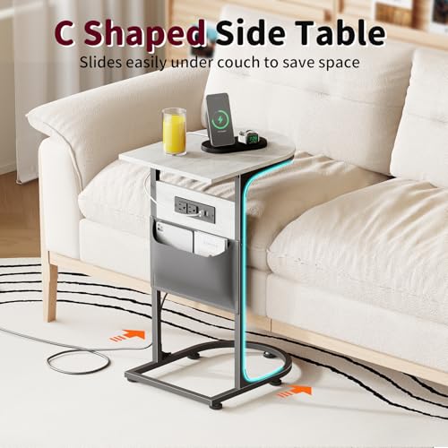 C Shaped End Table with Charging Station, Small Side Table for Couch, C Table Slides Under Sofa with Storage Bag, TV Tray Table for Recliner, Living Room, Bedside, Bedroom, Small Spaces, Greige - color: Charging Station Greige