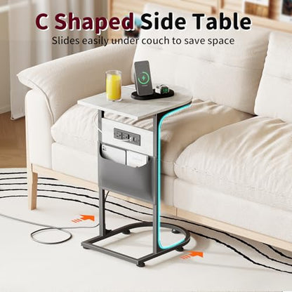 C Shaped End Table with Charging Station, Small Side Table for Couch, C Table Slides Under Sofa with Storage Bag, TV Tray Table for Recliner, Living Room, Bedside, Bedroom, Small Spaces, Greige - color: Charging Station Greige
