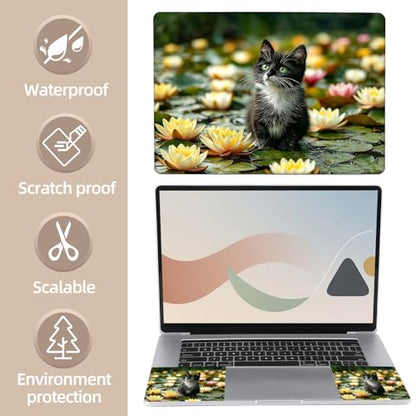 Universal Laptop Skin Sticker for 12/13/14/15.6 Inch Laptops, Reusable Vinyl Laptop Decal Cover, Waterproof Scratch Resistant Notebook Skin with 2 Wrist Pads,Water Lily Cat - color: Water Lily Cat