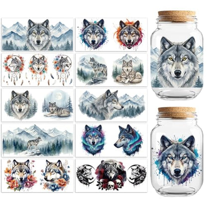 Peacoblue UV DTF Cup Wraps Transfer Stickers Wolves with Dreamcatchers and Mountains Pattern, 10 Sheets Waterproof Custom Transfer Sticker 16oz Coffee Glass Tumbler Bottle Mug Decals for Men Women - style: Wolves with Dreamcatchers and Mountains
