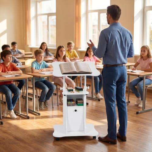 Giantex Mobile Podium Stand, Sit-to-Stand Laptop Cart with Tilting Tabletop & Storage Cabinet, Lockable Casters, Height-Adjustable Rolling Lectern for Classroom, Church, Home Office (White) - color: White