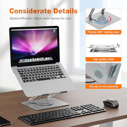 GRIFEMA Laptop Stand for Desk, Foldable Laptop Riser with 360° Swivel Base, Adjustable Height & Angle, Ventilated Computer Stand Compatible with MacBook Air/Pro, Dell, and 11-17" Laptops - Silver - color: Silver