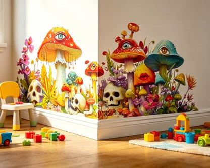 Trippy Mushroom Wall Decal Psychedelic Skull Floral Border Decor Sticker | Hippie Skull Wall Stickers, Peel and Stick Removable Flowers Vinyl Home Decor Art for Bedroom Living Room Classroom Office - style: Mushroom#3