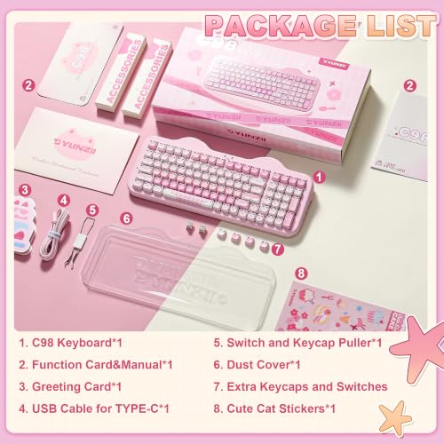 YUNZII C98 Cute Wireless Mechanical Keyboard(Pink Mao, Candy Switch) | Cake Keyboard,99 Keys with Number Pad, MAO Keycaps, BT5.0/2.4G/USB-C,Hot Swap, Gasket Mount, Custom RGB Backlight for Win/Mac - color: Pink MAO, size: Candy Linear Switch