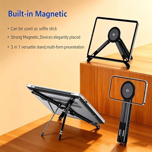 3-in-1 Magnetic Foldable Laptop Stand for Phone Tablet and Laptop | Aluminum Alloy, Die-casting,Ergonomic, 8-Level Adjustable Height, Portable, For Home Office and Travel - color: Black