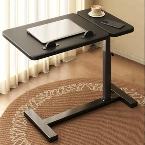 Wooden Side Table for Couch C Shaped Bed Table Rolling Laptop Table Adjustable Overbed Table Folding Nightstand with Tilting Top(Black+Black) - color: Black+black