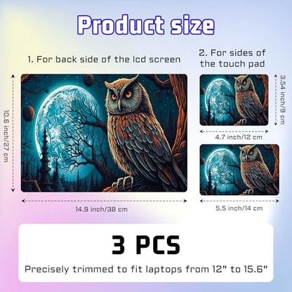 Universal Laptop Skin Sticker Decal, Compatible with MacBook HP Dell Lenovo 12"-15.6", Reusable Vinyl Notebook Cover 3PCS Set, High-Recognition Film-Owl Under Full Moon - color: Owl Under Full Moon
