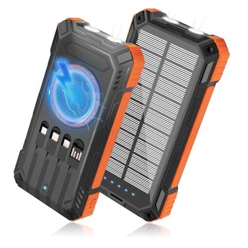 Solar Power Bank 49800mAh - Wireless Portable Charger 15W Fast Charging with 4 Built-in Cables. Equipped with a Powerful Flashlight, IP65 Outdoor Waterproof Power Bank Perfect for Camping, Hiking - color: Orange