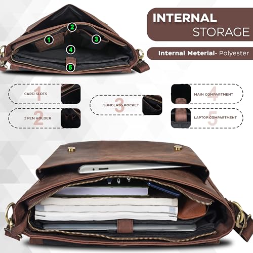 Oak Leathers Leather Messenger Bag for Men and Women - Laptop Briefcase Bag For College, Office, Adjustable Shoulder Strap - color: Wood