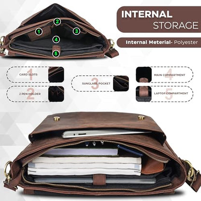 Oak Leathers Leather Messenger Bag for Men and Women - Laptop Briefcase Bag For College, Office, Adjustable Shoulder Strap - color: Wood