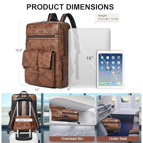 16 inch Vegan Leather Laptop Backpack with USB Charger | Smart Computer Backpack For Men and Women,Back Pocket Convert Luggage Sleeve,20L Large Capacity,Business Work Office College - color: Two-toned Brown