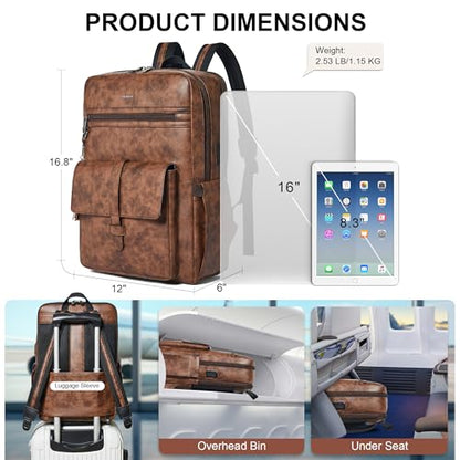 16 inch Vegan Leather Laptop Backpack with USB Charger | Smart Computer Backpack For Men and Women,Back Pocket Convert Luggage Sleeve,20L Large Capacity,Business Work Office College - color: Two-toned Brown