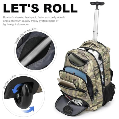 Boavan Rolling Backpack,17 inch Water Resistant Wheeled Backpack,Carry on Luggage Business Bag, Overnight College Computer Bag Trolley Suitcase for Men Women Adults to Travel - color: Army Camo, size: 17.3 inches