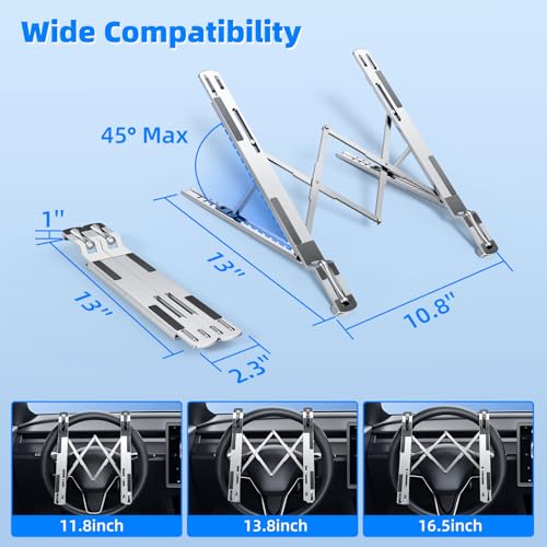 Adjustable Steering Wheel Laptop Mount, Foldable Car Laptop Desk-Silver | Metal Car Laptop Holder Sturdy, 5-Gear Adjustable Angle, Foldable Compact Space-Saving, In-Vehicle Reading Working - size: Laptop Stand-Silver