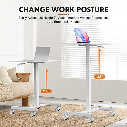 Sweetcrispy Mobile Rolling Desk, Small Standing Desk with Wheels | Adjustable Height Sit Stand Table, Portable Computer Workstations for Home Office, White - color: White