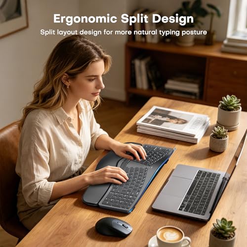 MOKURU Wireless Ergonomic Keyboard, Split Keyboard with Wrist Rest, Full Size 2.4G BT Computer Keyboard, Compatible with Windows, Mac OS, PC Computer/Laptop (Black)