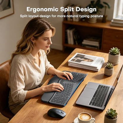 MOKURU Wireless Ergonomic Keyboard, Split Keyboard with Wrist Rest, Full Size 2.4G BT Computer Keyboard, Compatible with Windows, Mac OS, PC Computer/Laptop (Black)